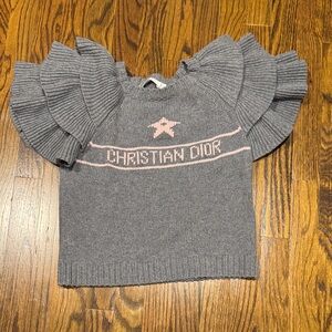 Dior Grey Knit Top with Pink Logo and Ruffle Sleeves